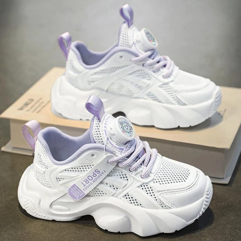 女童运动鞋春夏款儿童旋转扣单鞋女孩学生网面透气小白鞋ins跑步