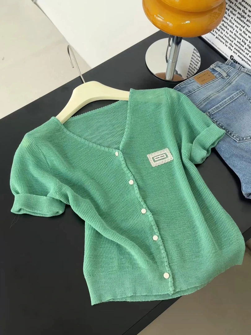 绿色V领短袖针织开衫女装夏季新款森系简约休闲百搭宽松显瘦上衣
