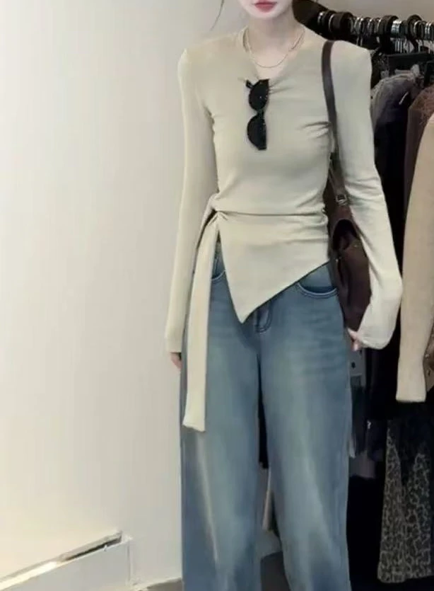 不规则绑结长袖T恤女2024秋季新款修身显瘦百搭洋气上衣 1726