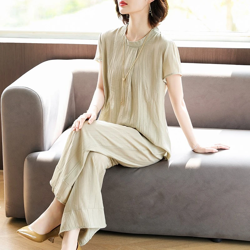 妈妈装夏装洋气圆领休闲套装2025新款中老年时尚气质阔太太两件套