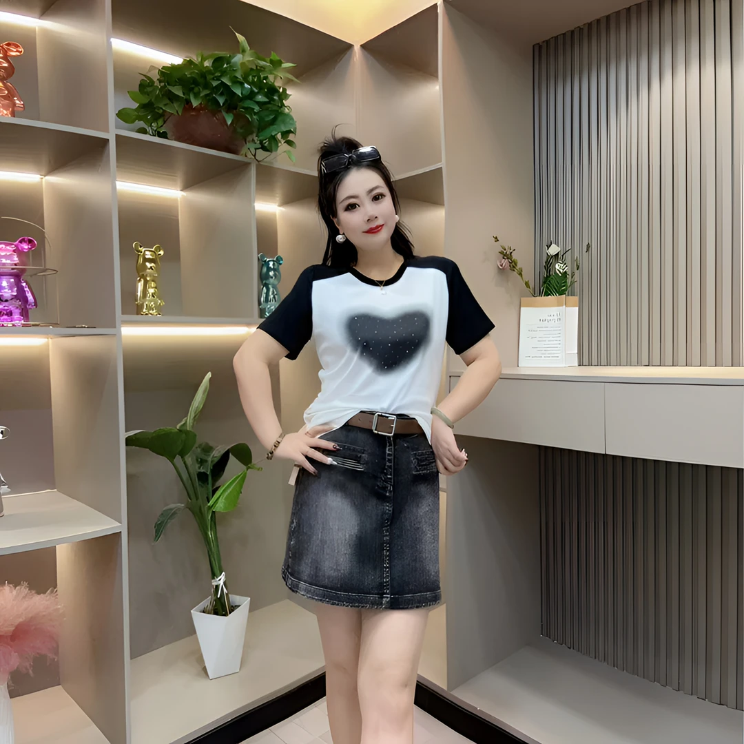 春季半袖-丫 5519时尚亮闪爱心潮流打底拼色显瘦胖MM大码女装新款