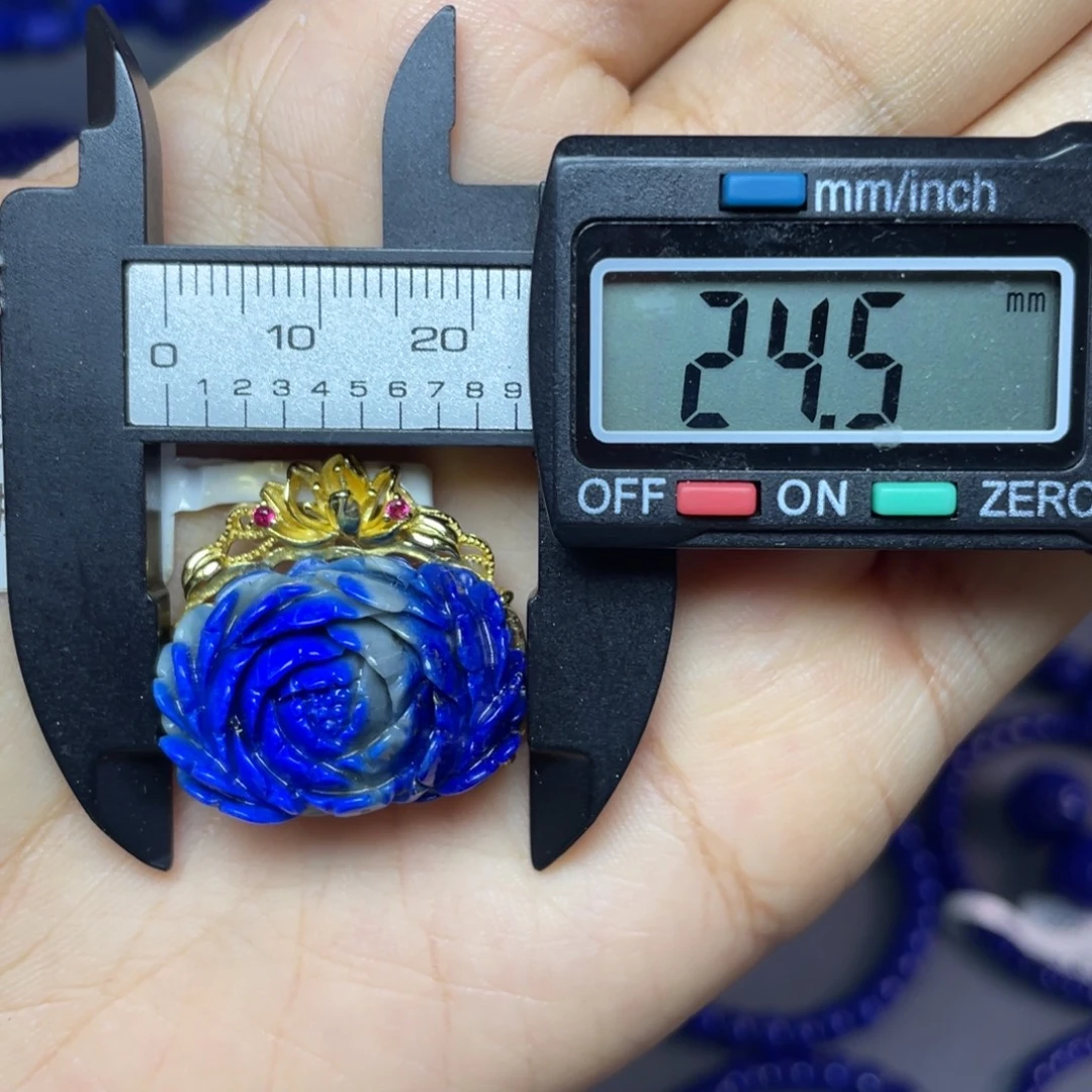 青金石银S925镀金镶嵌牡丹花吊坠