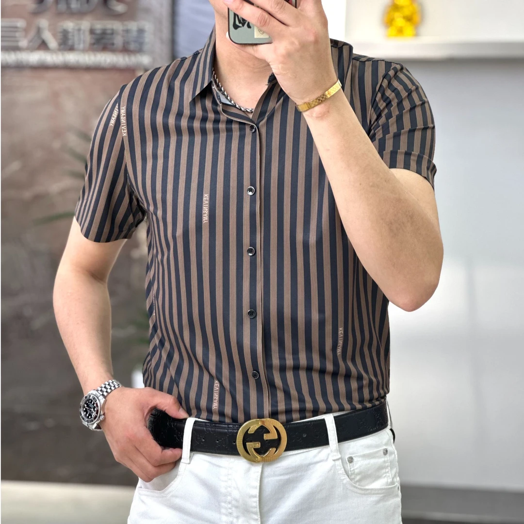 [专柜品质]男士2025夏季短袖衬衫轻奢商务翻领条纹短袖薄款衬衣