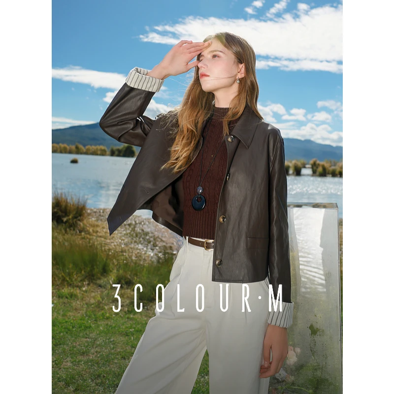 三彩2025春季新款PU皮衣外套箱型短款宽松百搭开衫复古气质女M