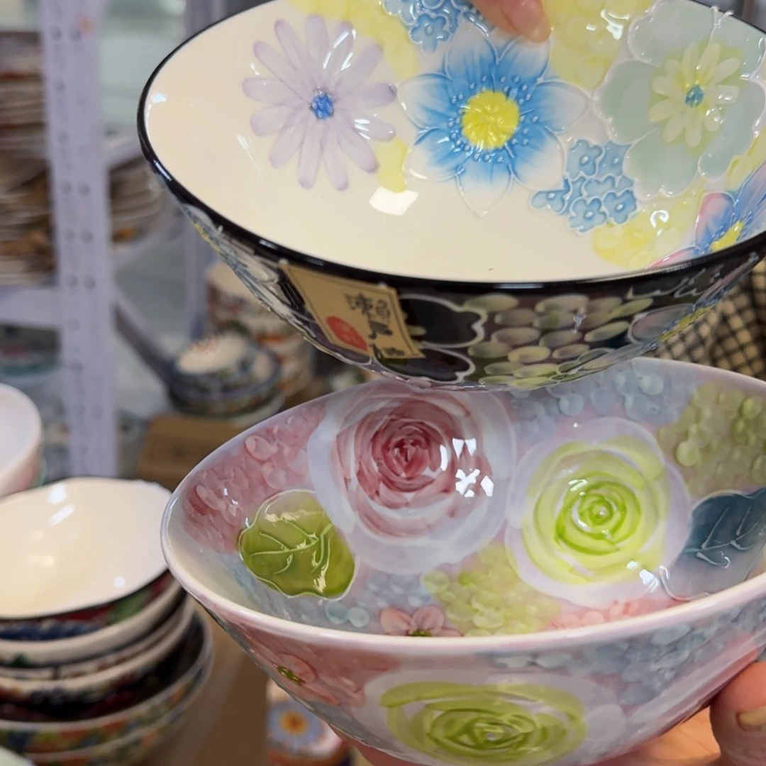 瓷片濑户烧6.5英寸面碗2只，墨韵➕玫瑰