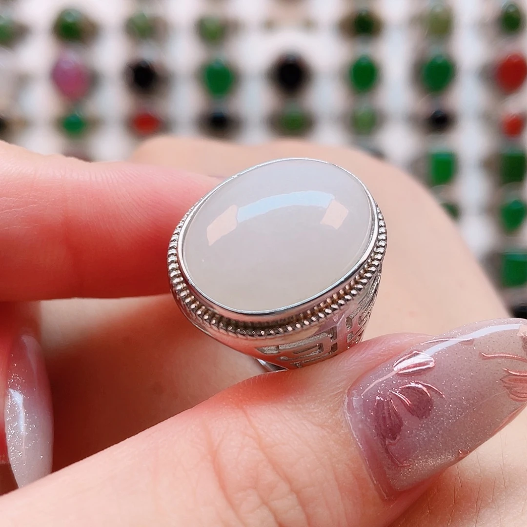 和田玉戒指银S925镶嵌稻****）