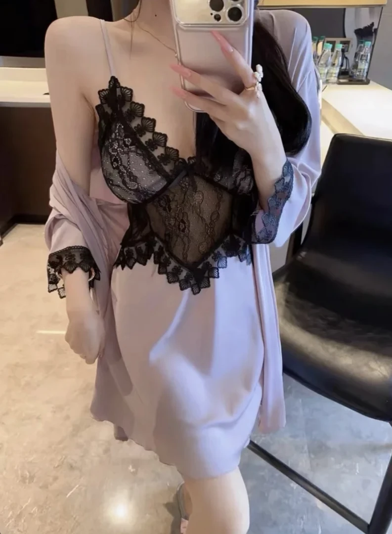 蔷薇夫人蕾丝显瘦冰丝性感镂空蕾丝吊带睡裙带胸垫套装