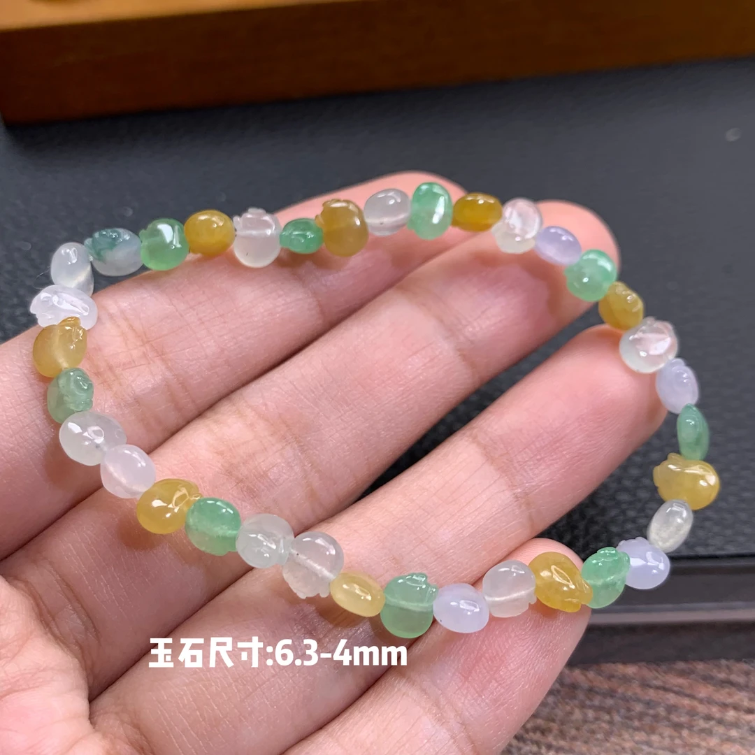仙子翡翠冰种三彩猪猪手链手串缅甸翡翠A货可爱小巧精致百搭叠带