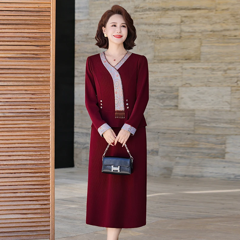 新款妈妈婚宴高贵礼服春秋装时尚套装旗袍连衣裙喜婆婆婚宴假两件