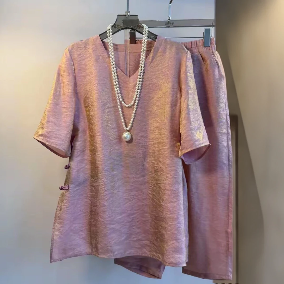 2025新款新中式大码套装女夏季国风短袖女两件套