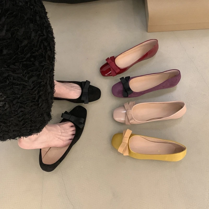 法式内增高漆皮2025新款蝴蝶结浅口方头单鞋女鞋通勤百搭软底瓢鞋