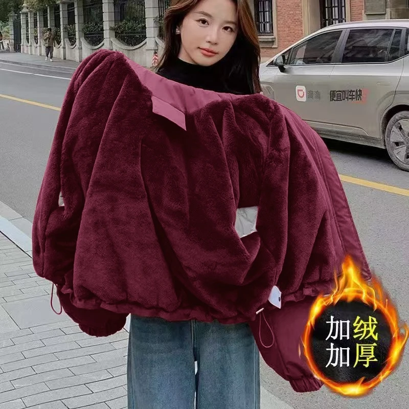 2024冬款欧货立领连帽加绒加厚冲锋衣棉服外套女宽松百搭派克服