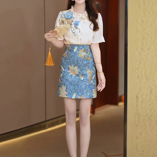 芙娜妮圆领新中式设计感短裙收腰显瘦百搭时尚气质两件套F2411344