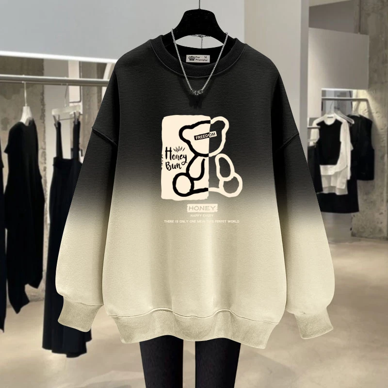 新款春秋冬季渐变色卫衣女加绒薄款涂鸦小熊印花宽松圆领中长款