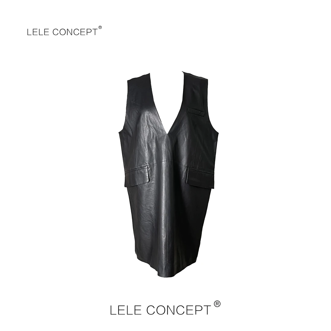 LELE CONCEPT | 「丽」轻奢大气时尚V领翻兜盖皮连衣裙Q0495