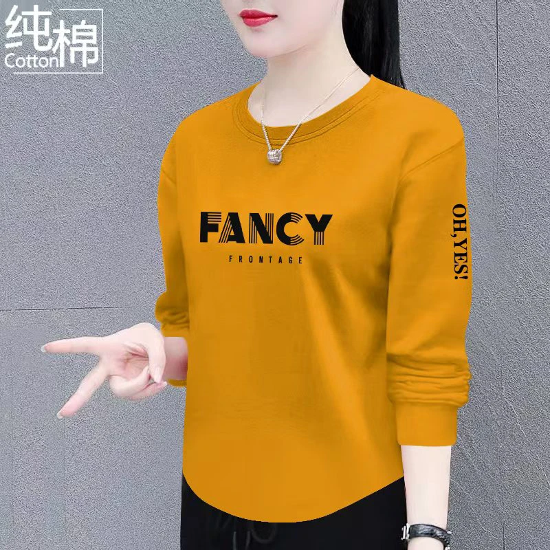 100%纯棉长袖女士t恤春秋季2025新款时尚宽松显瘦减龄上衣打底衫