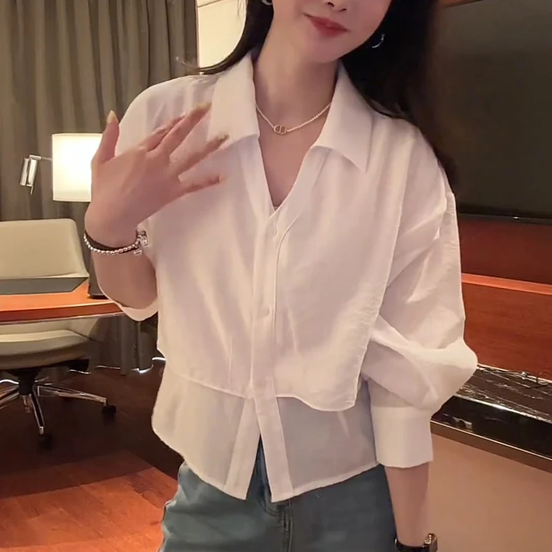 韩版假两件V领衬衫女春夏设计感宽松显瘦小众后背系带长袖防晒衫