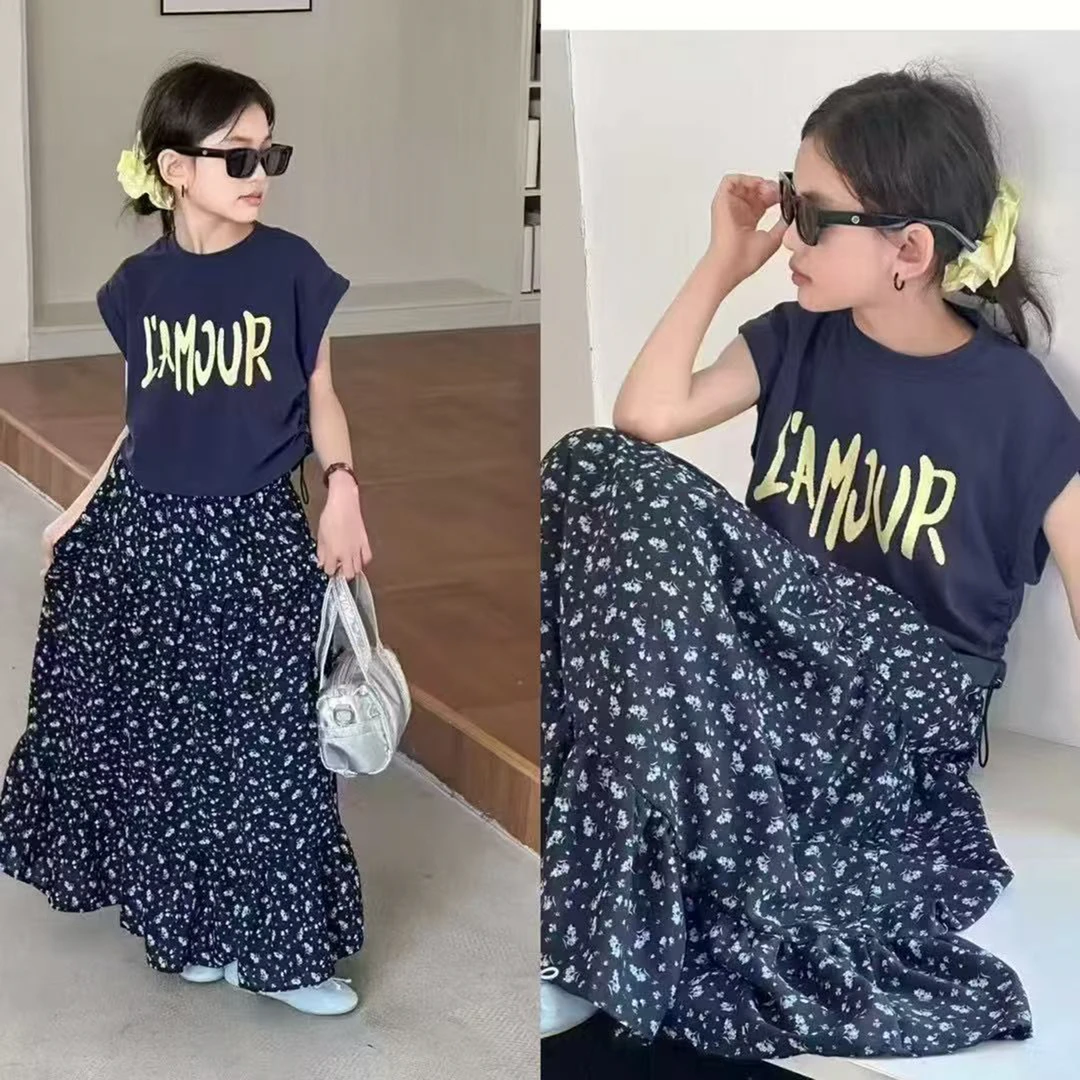 夏季新款女童碎花长裙短袖套装百搭两件套洋气宽松zb5879简约童品