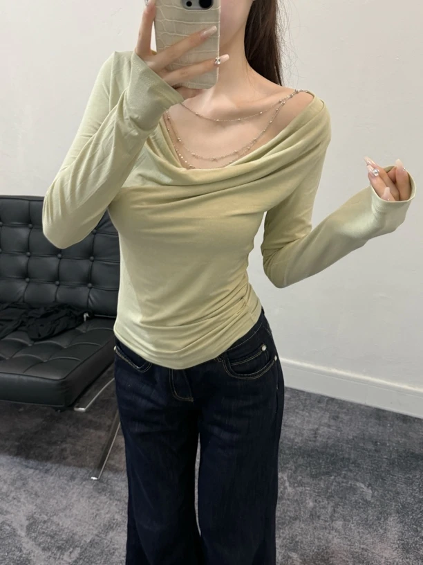 纯欲紧身杂志风百搭长袖修身型纯色常规款上衣9688