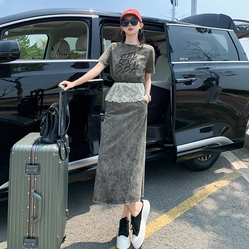 街头风休闲时尚套装修身夏季复古开叉时尚显瘦高腰中长款包臀