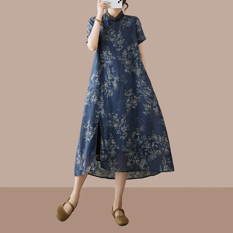2025时尚中国风中式刺绣短袖立领宽松连衣裙女中长款夏季薄款裙子