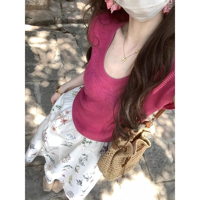 树莓色u领短袖女冰丝针织t恤2025夏正肩修身不规则多巴胺出片上衣