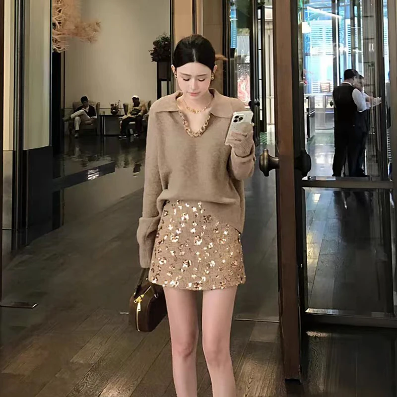 2025新款春季法式V领重工领纯色毛针织衫女高腰百搭亮片短裙