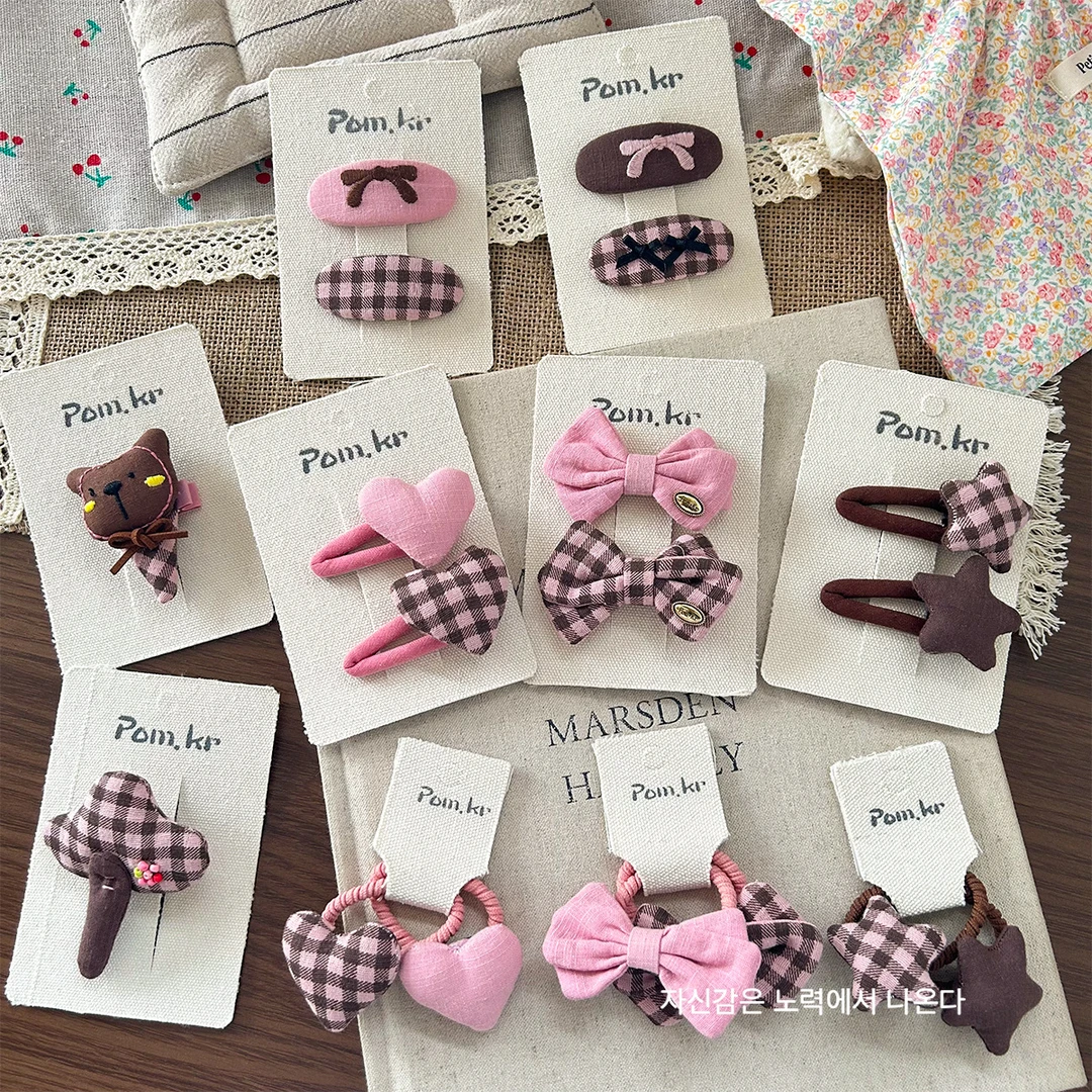 【满19.9包邮】粉咖色儿童百搭甜美蝴蝶结爱心格纹学院风女童刘海夹