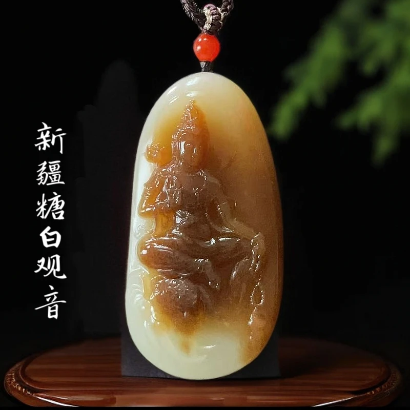 可收藏送礼物首选新疆和田玉观音吊坠且末料糖白俏色玉石观音挂件