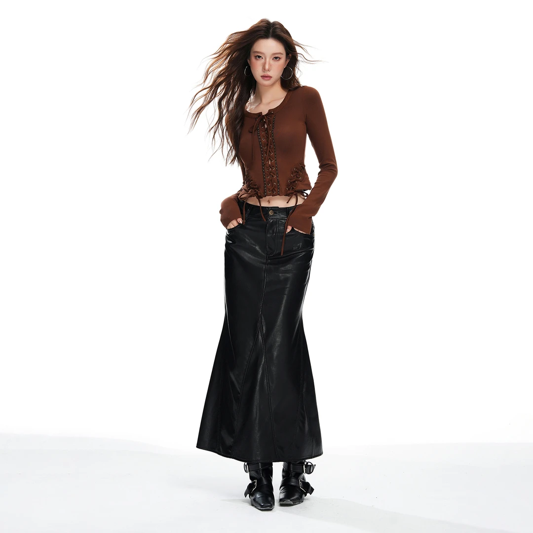 华利尔斯季新款美式高腰软皮料不规则设计感鱼尾长裙女