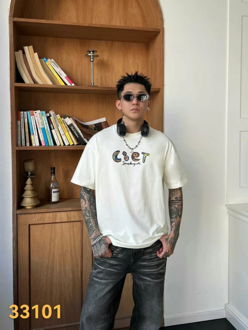 痞帅小刺绣印花短袖t恤男生青年高端半袖2025夏季新款男短袖33101