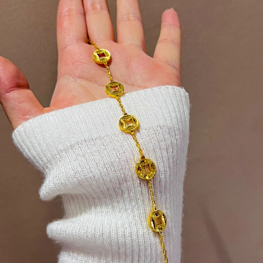 铜合金手链 碎碎冰五帝钱手链女精致复古首饰金色饰品可调节手链