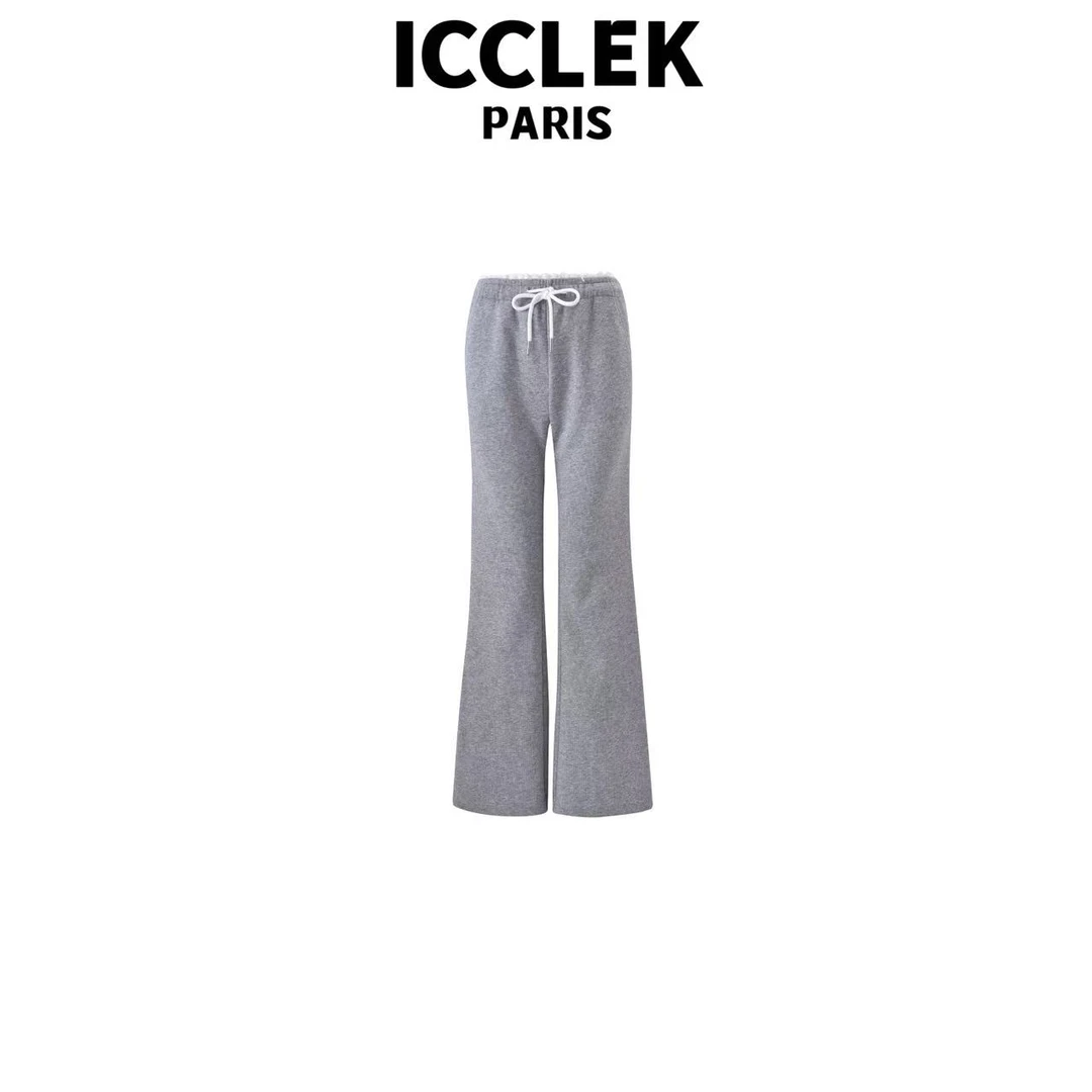 ICCLEK 灰色高腰蕾丝边喇叭裤百搭气质修身显瘦直筒简约裤子-5215