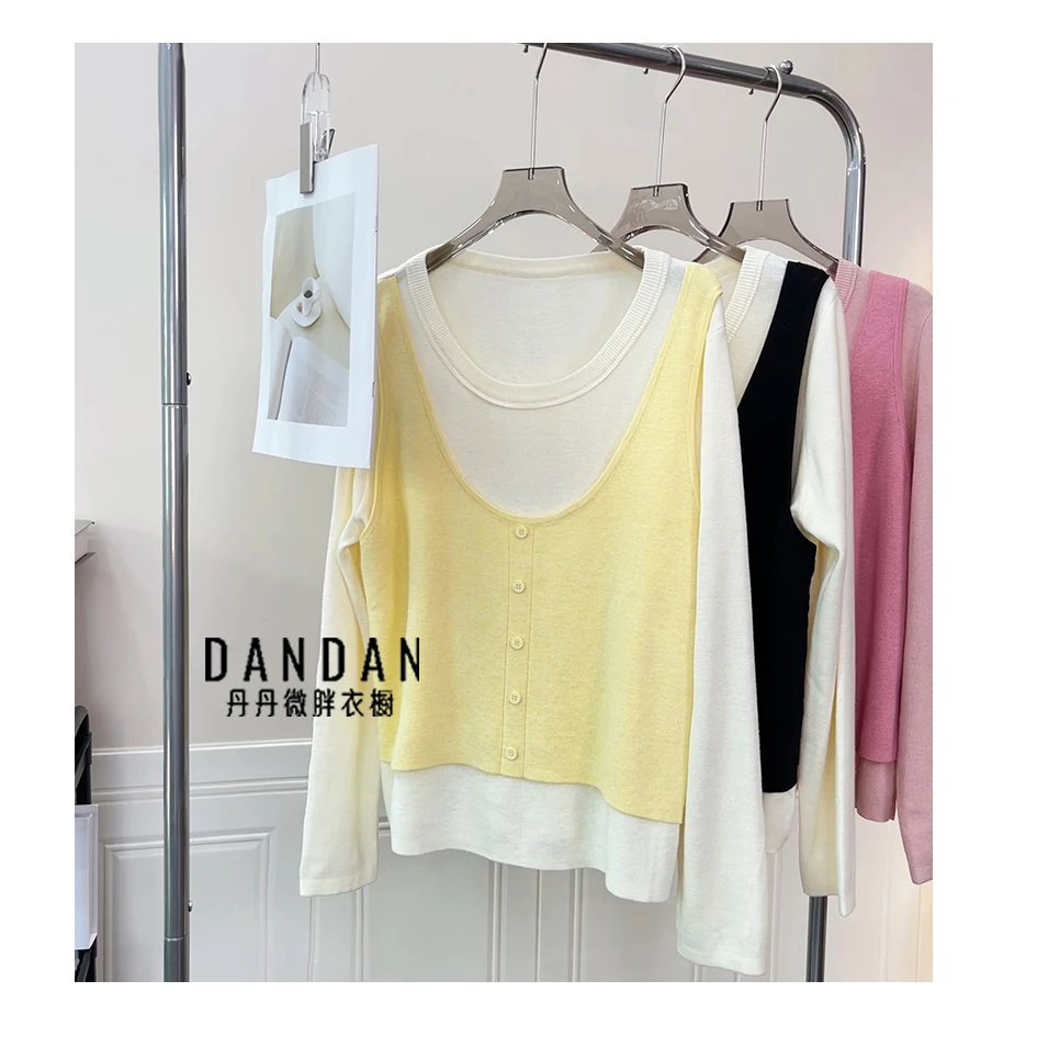 丹丹微胖2025春季减龄拼接假两件针织宽松休闲上衣