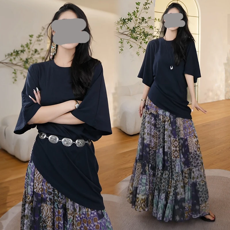 香朵儿潮流穿搭女生2025年夏季新款不规则圆领T恤印花半身裙套装