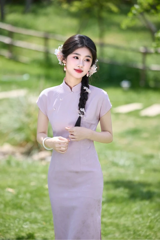 佳人｜复古日常粉色绝美旗袍夏季中式人丝提花背后拉链款120cm