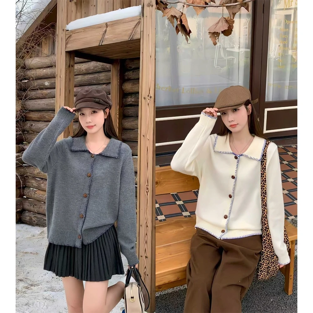 清大码韩系减龄撞色花边毛衣2025秋冬胖mm软糯别致针织开衫69288