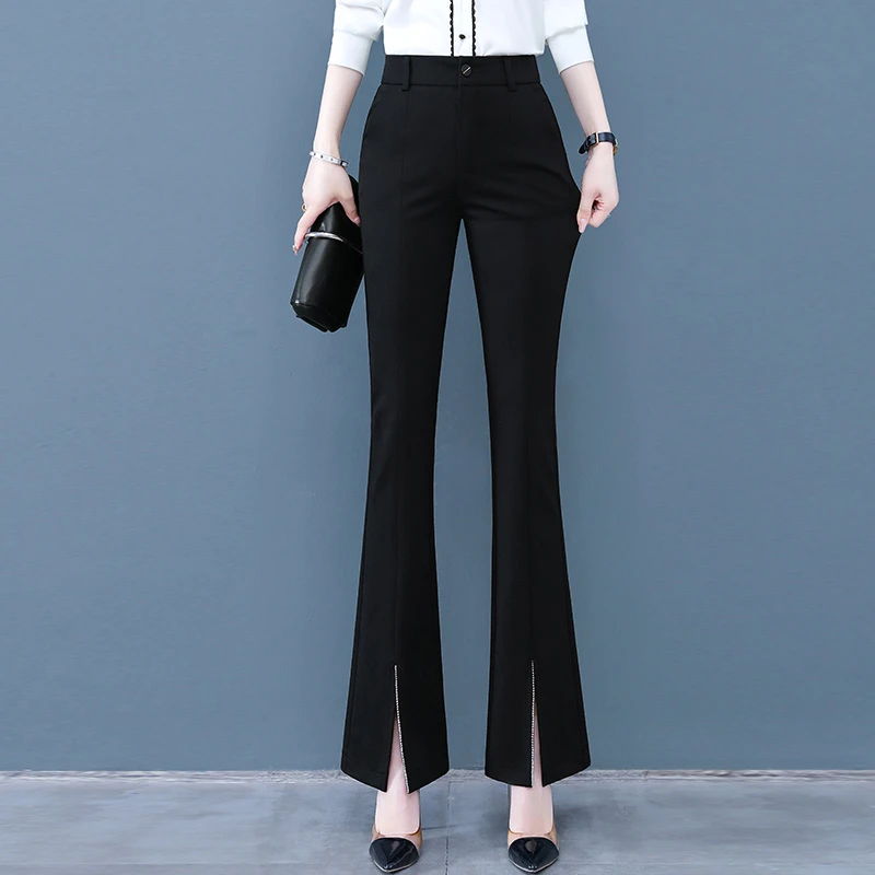 黑色裤子女2025新款秋季薄款高腰收腹显瘦设计感小众开叉微喇叭裤
