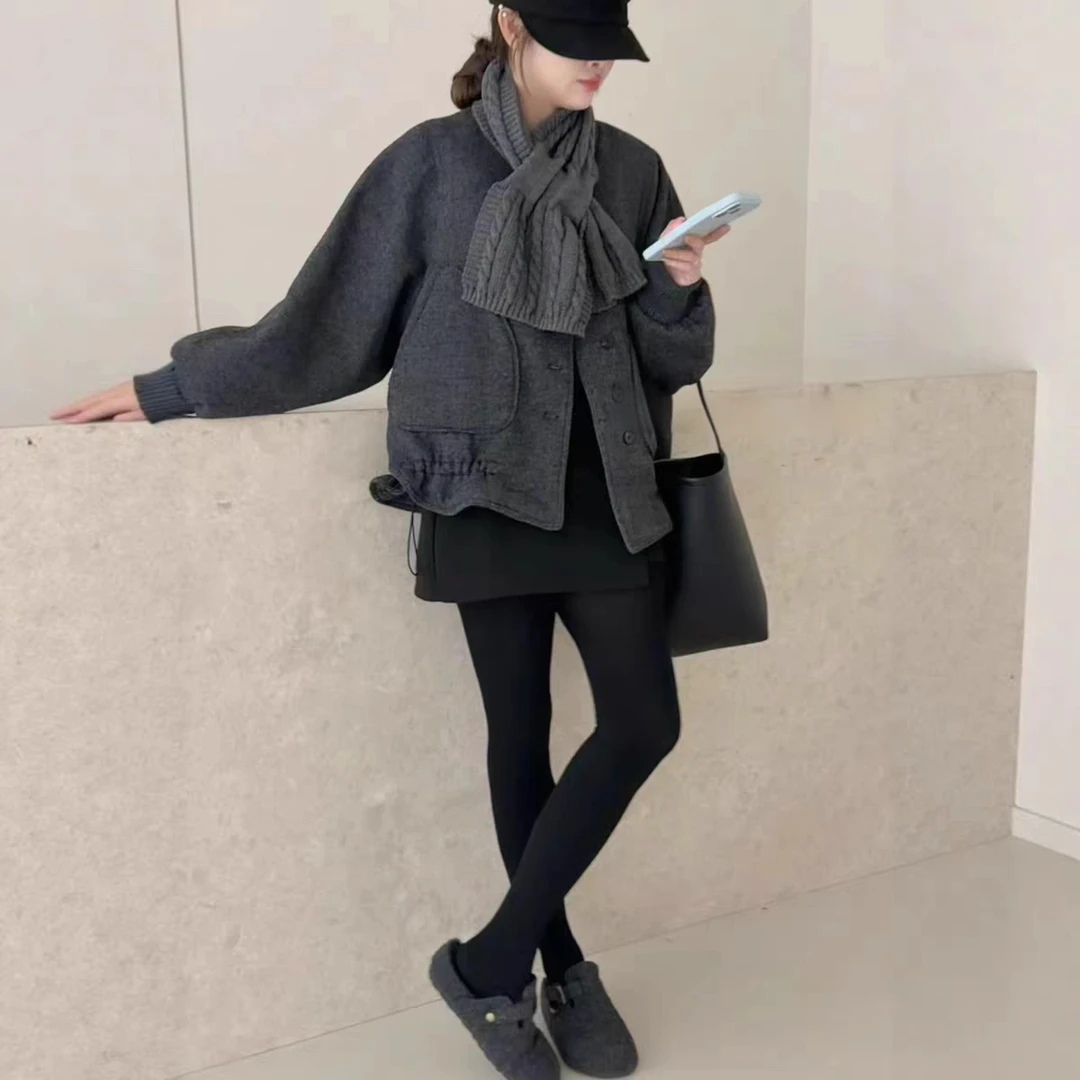 6168大码高级感毛呢外套配针织围巾2025韩系气质减加棉厚外套