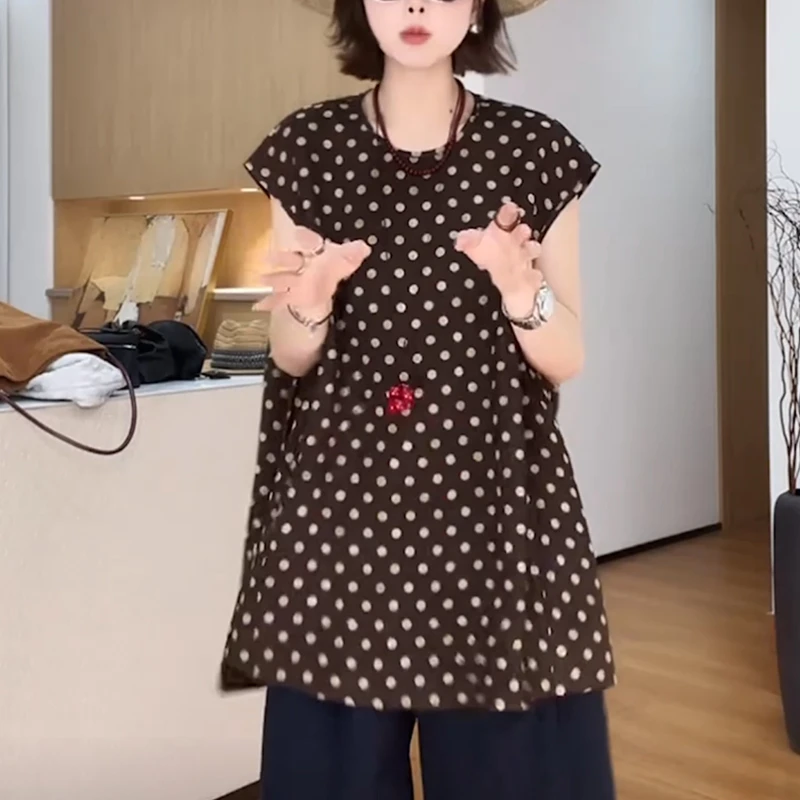 咖色波点短袖t恤女士2025夏季宽松时尚显瘦设计感中长款休闲上衣
