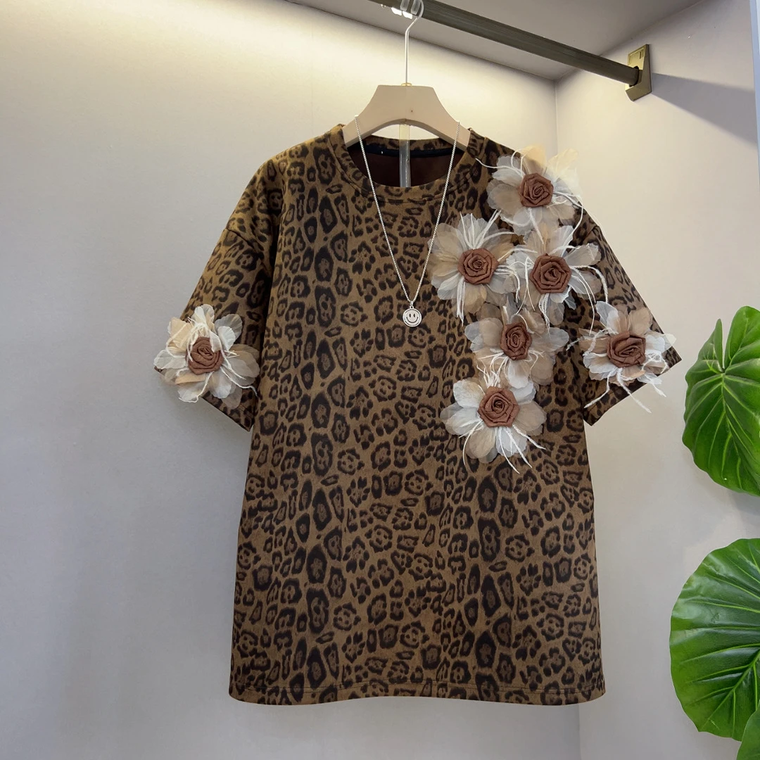 新款港味宽松中长款豹纹t恤复古百搭半袖衣长72CM
