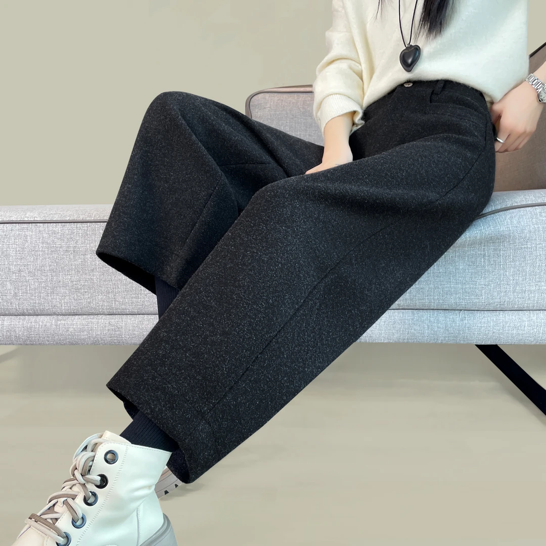 高腰毛呢九分哈伦裤女黑灰色秋冬加厚高腰显瘦休闲萝卜裤子奶奶裤