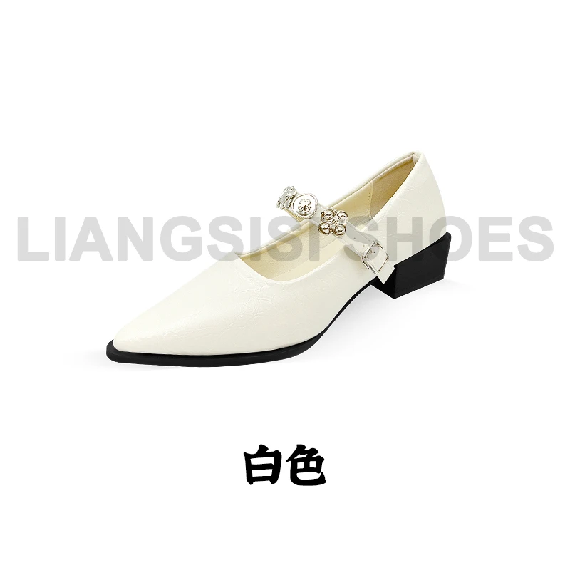 秋季女士时尚气质法式尖头百搭金属扣方根高跟鞋一字带-858