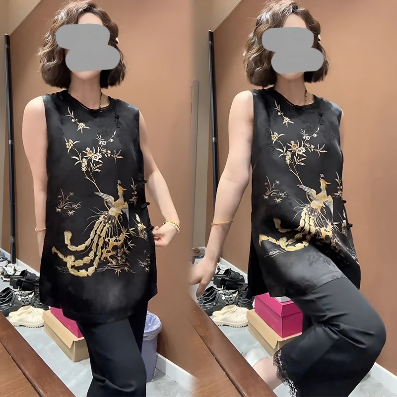 2025夏季新款高级感设计感气质凤凰印花上衣女蕾丝花边直筒裤套装