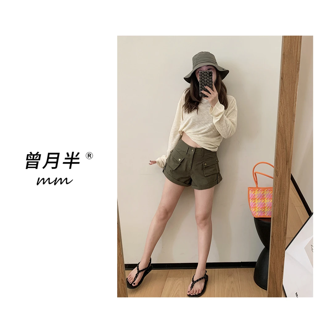 曾月半《重工装》两穿翻边水洗工装低腰小翘臀短裤！ZK382