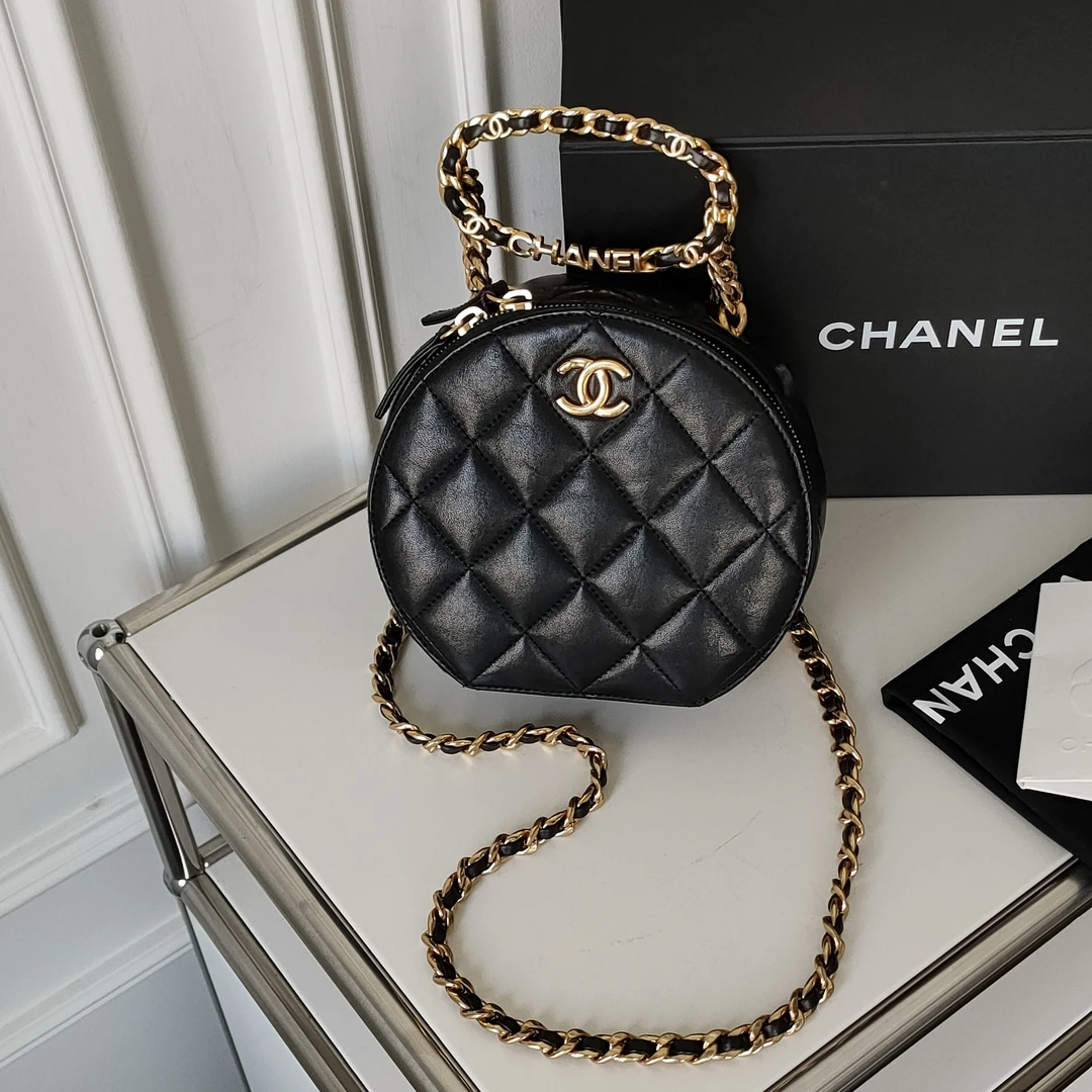 99新 Chanel/香奈儿 23C黑金羊皮圆环圆饼链条手提斜挎包42413