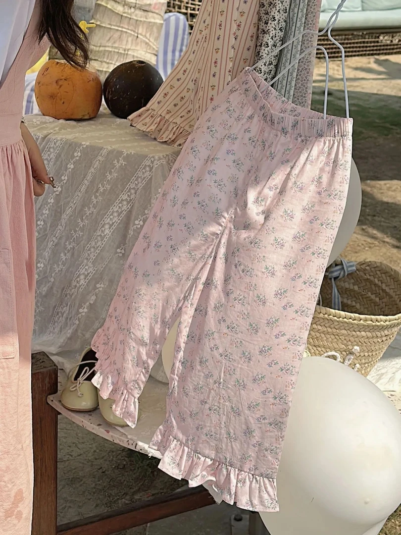 女童夏季薄款碎花防蚊裤可爱宽松花边休闲长裤