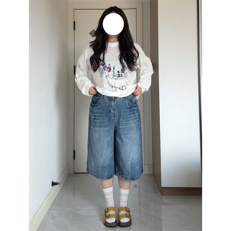 300斤特大码胖mm牛仔短裤女夏季新款梨形身材宽松显瘦阔腿七分裤