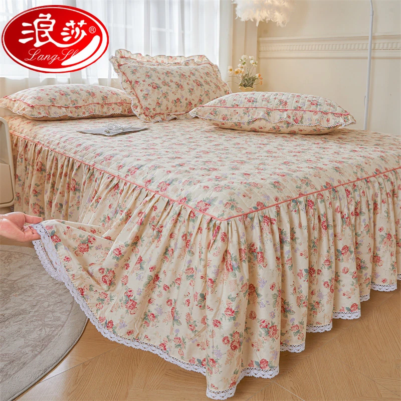 浪莎新款床裙床罩套单件纯棉夹棉防滑床单带裙边床笠床盖四季通用