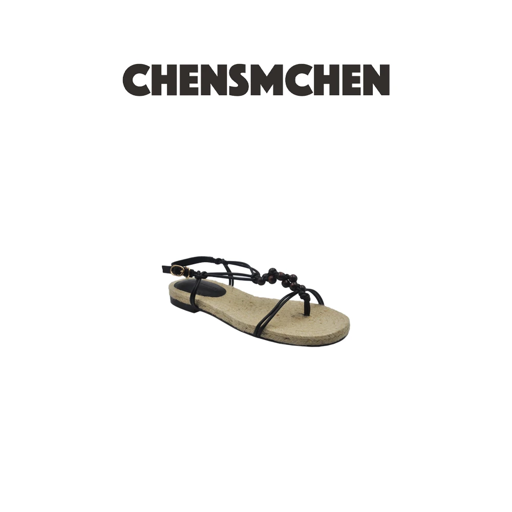 CHENSMCHEN 法式复古串珠百搭露趾编织慵懒风罗马凉鞋